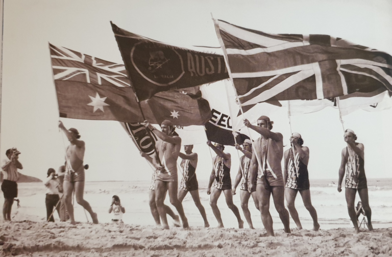1975 - Australian Championships hosted by Dee Why SLSC - Colour Party with John Ewing, Doug Andrew and Peter Brown